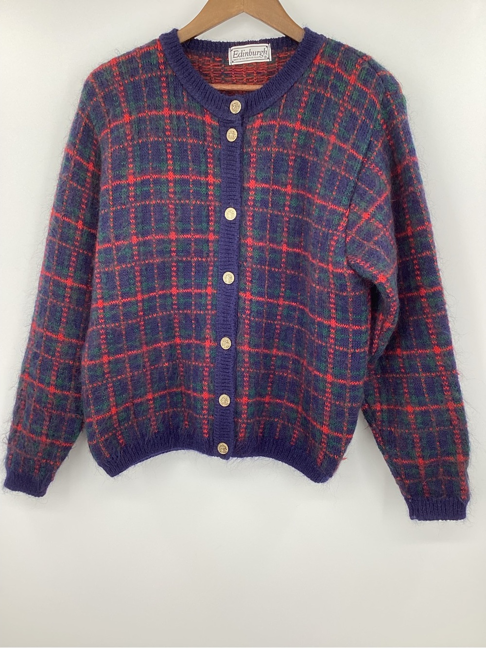 Vintage Edinburgh Mohair Plaid Button-Front Cardigan